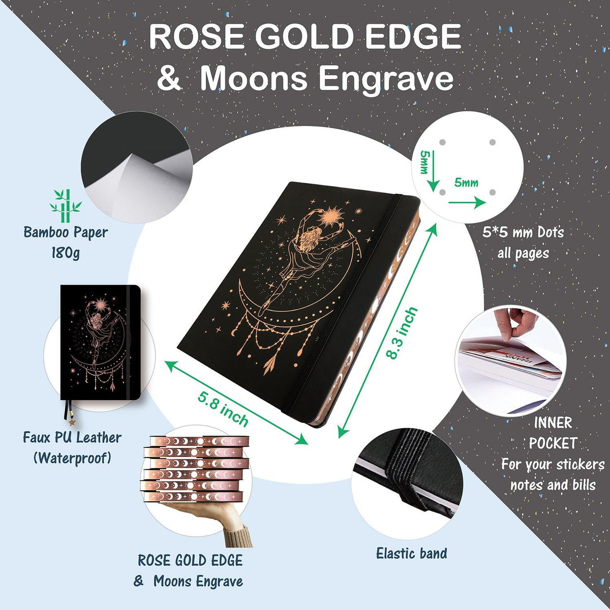 180GSM Bamboo Paper A5 Bullet Dotted Journal Dot Grid Notebook ROSE GOLD Edges And Engrave MOONS BUJO Lovers - bukenotebook