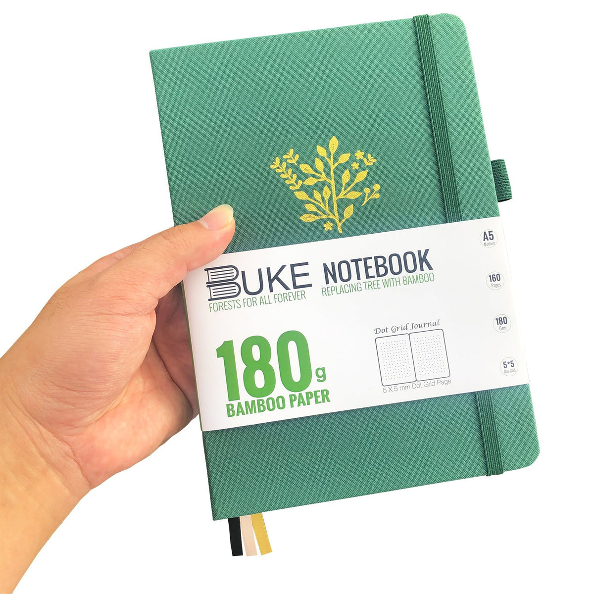 BUKE 180g Bamboo Paper - Bullet Dotted Journal - Forest Green Fabric Hardcover