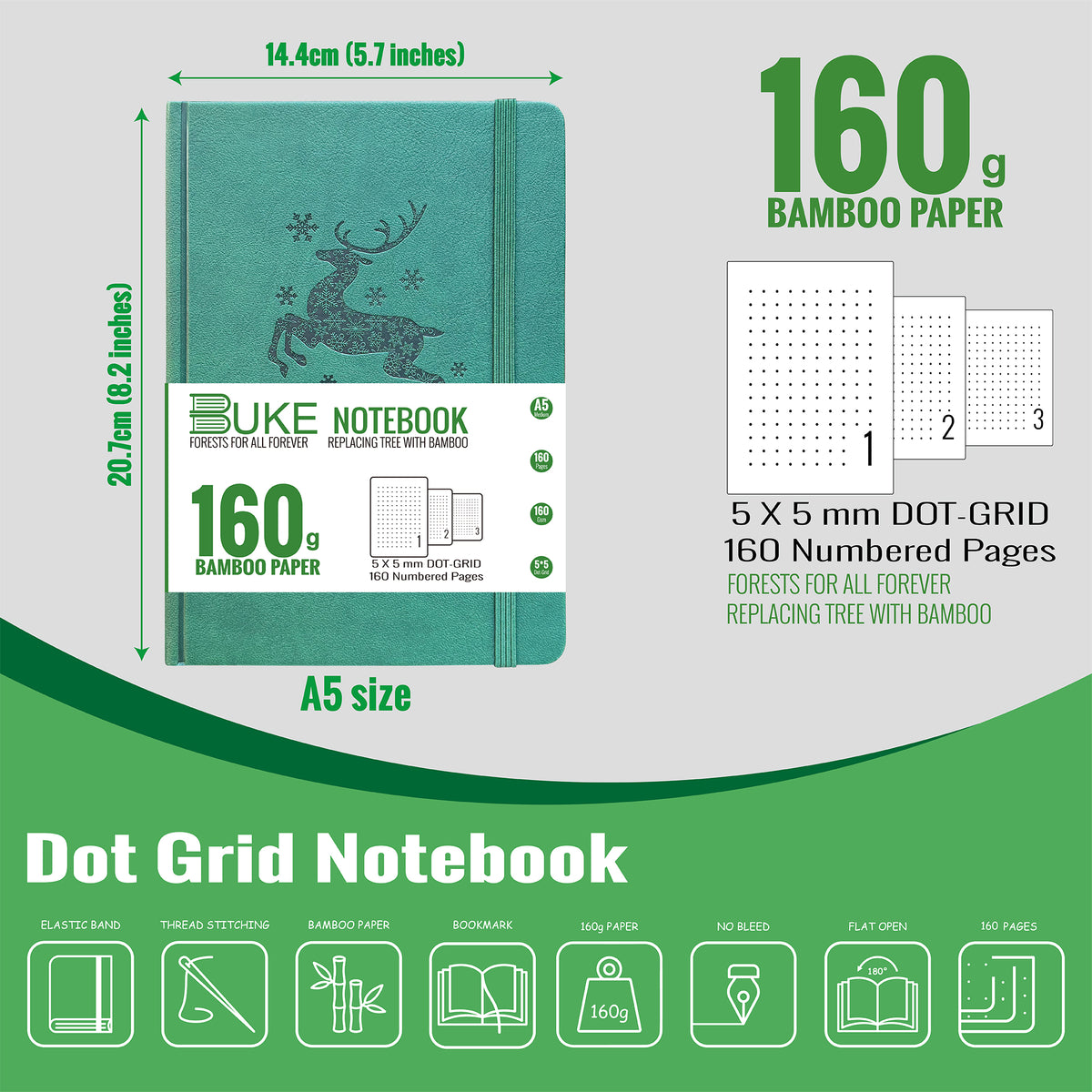 Luxury Dotted Journal A5 160gsm Thick Paper, 160 Numbered Pages, Faux Leather Hard Cover, Perfect Gift for Writers