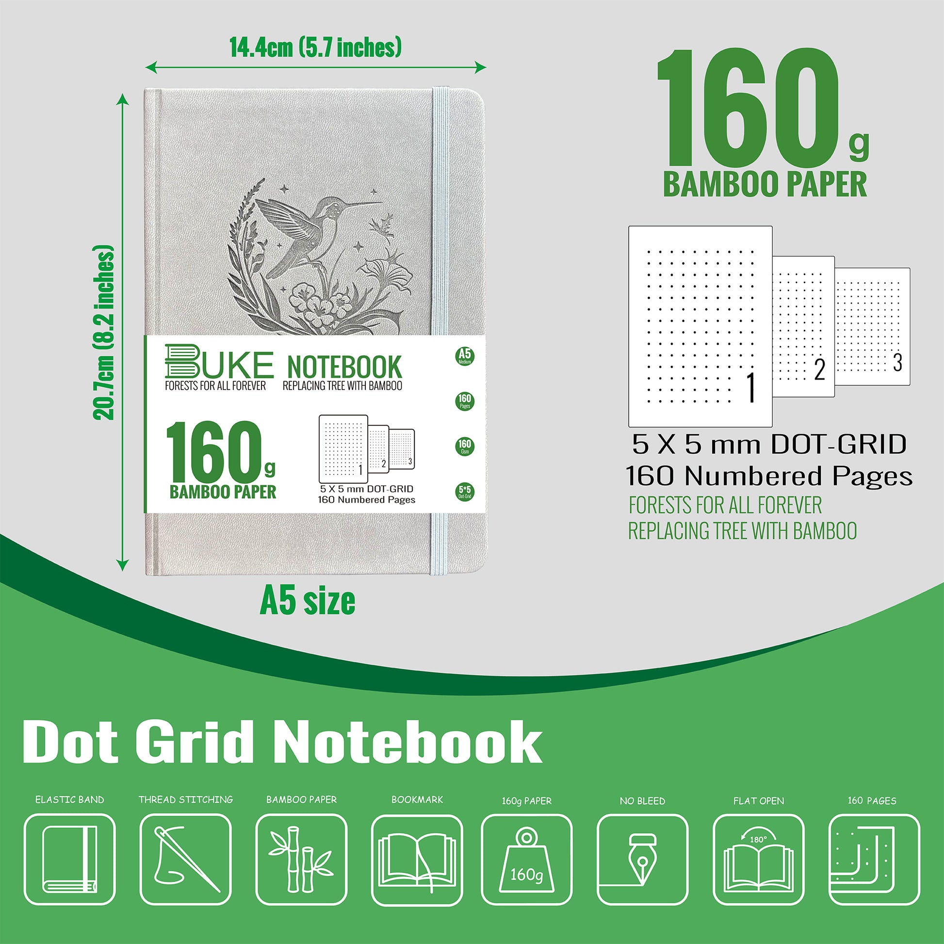 A5 Dot Grid Notebook 160gsm Bamboo Paper Journal with Embossed Hummingbird Cover-4