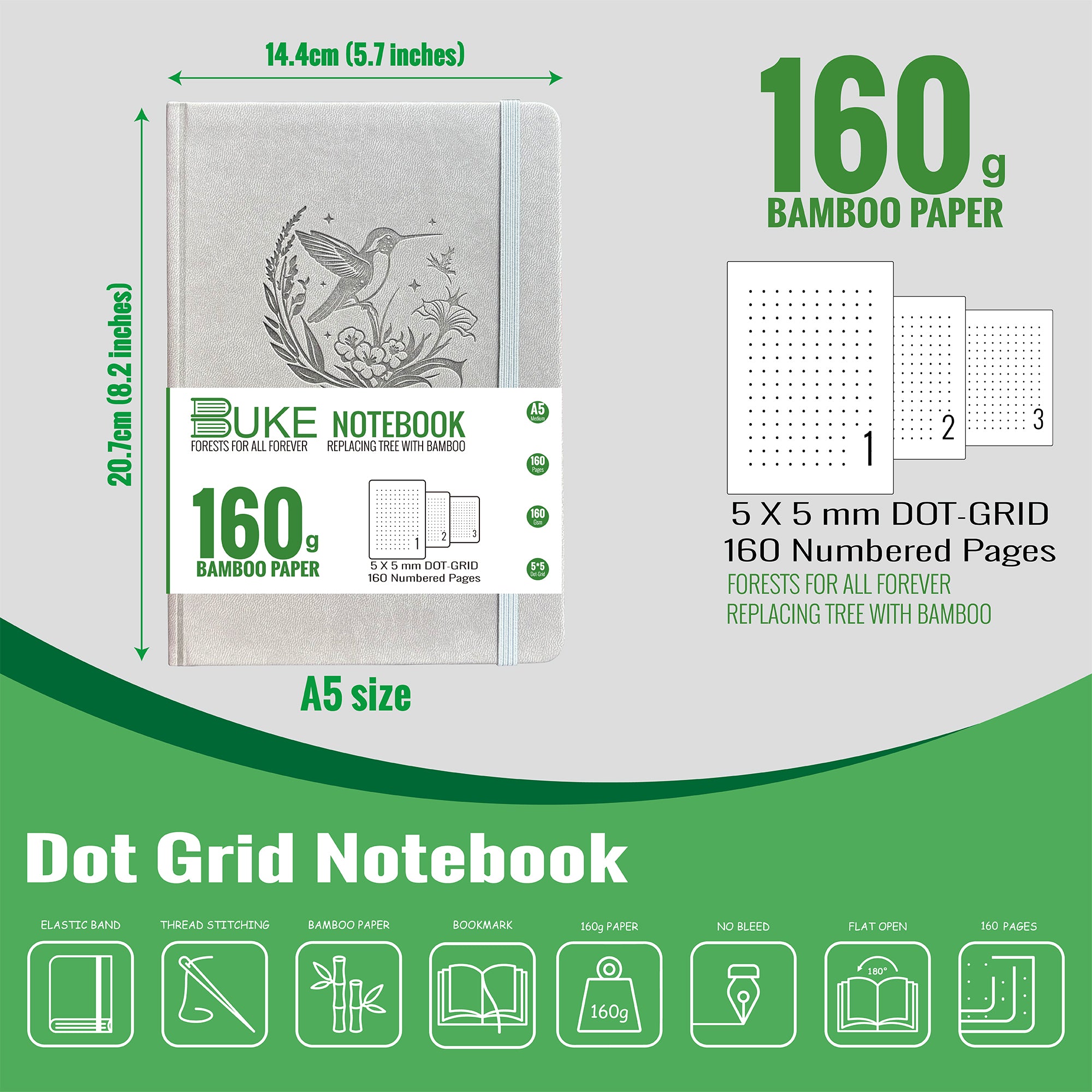 A5 Dot Grid Notebook 160gsm Bamboo Paper Journal with Embossed Hummingbird Cover-zoom-4