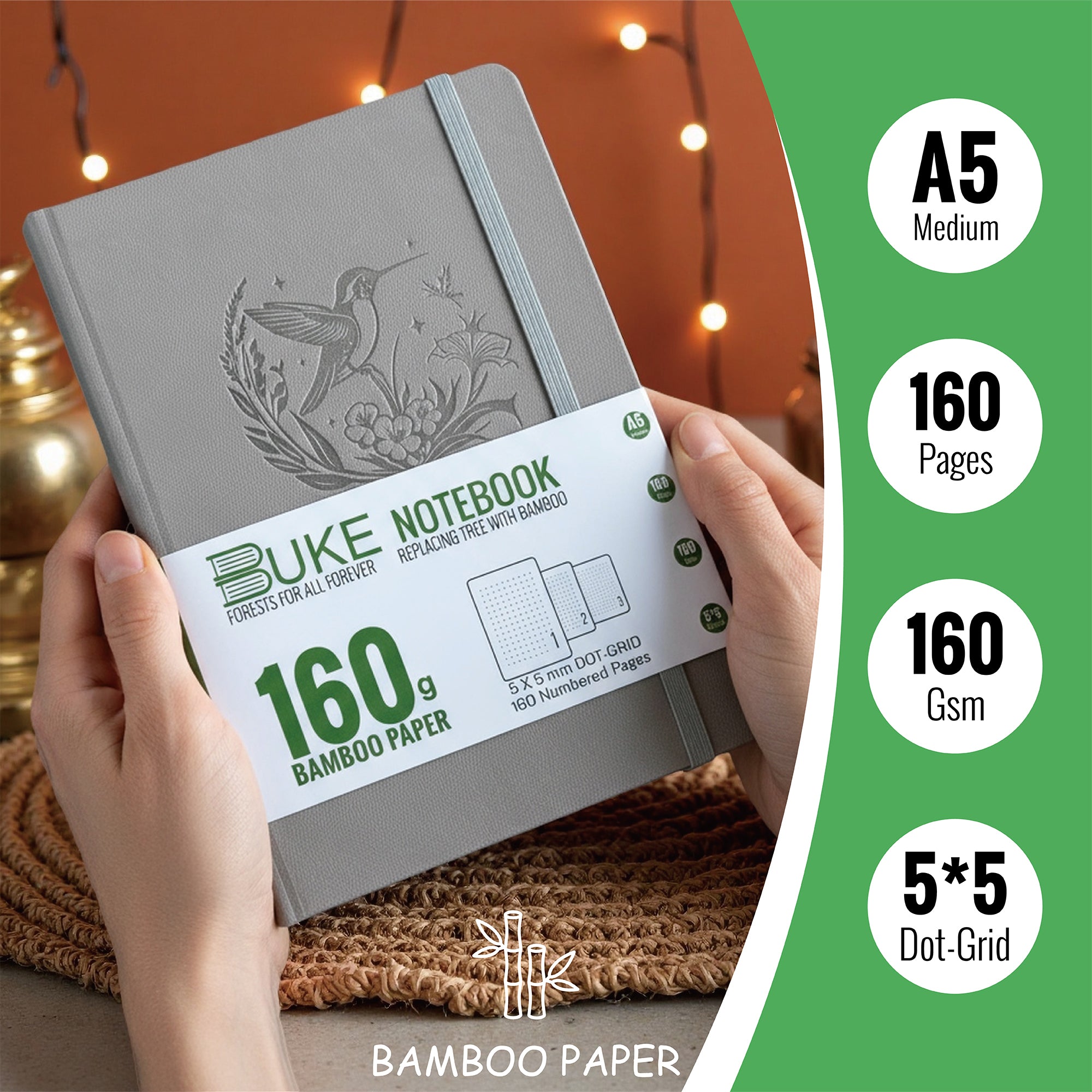 A5 Dot Grid Notebook 160gsm Bamboo Paper Journal with Embossed Hummingbird Cover-zoom-5