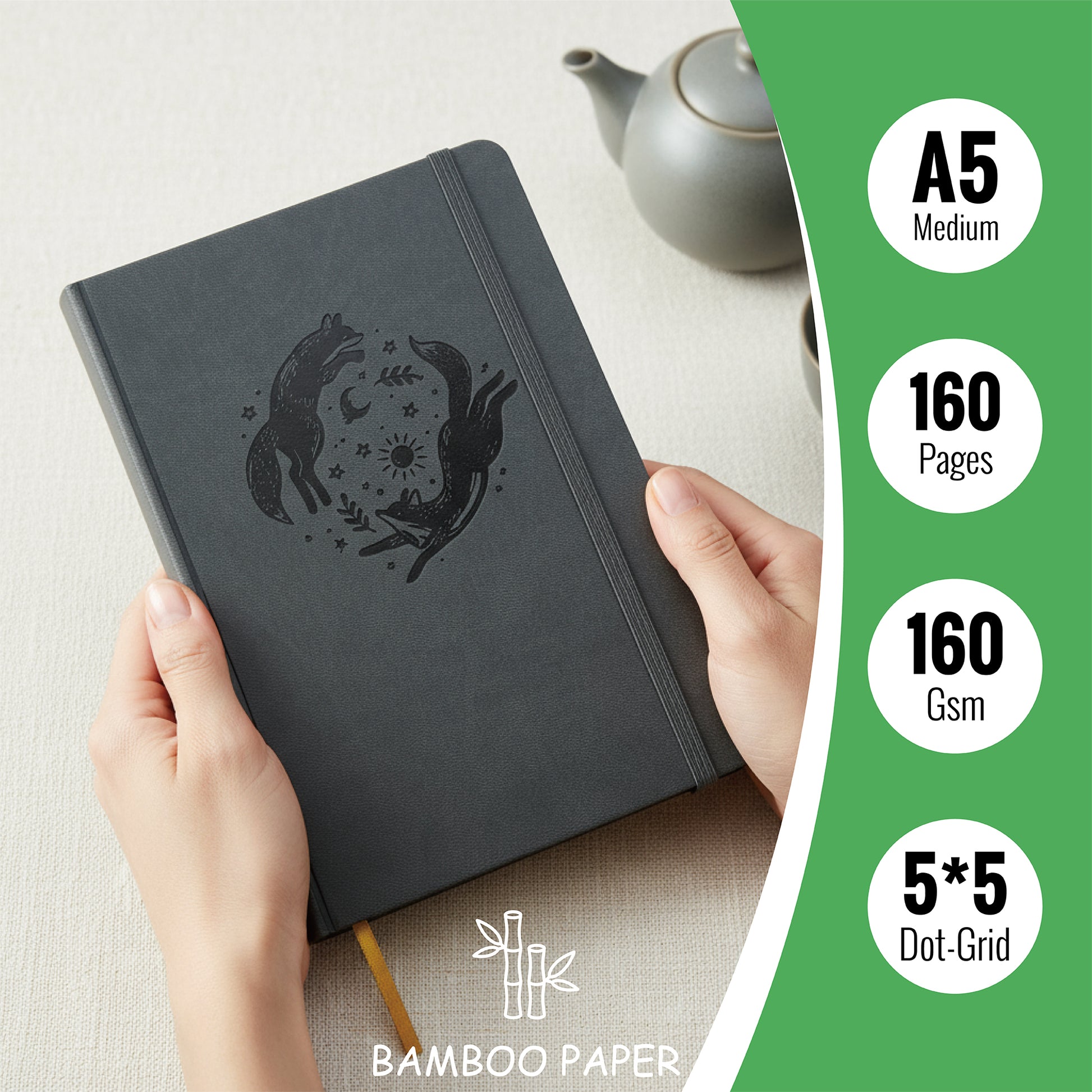 Gift-Ready A5 Dot Grid Journal in Dark Grey with Embossed Fox Moon Cover-6