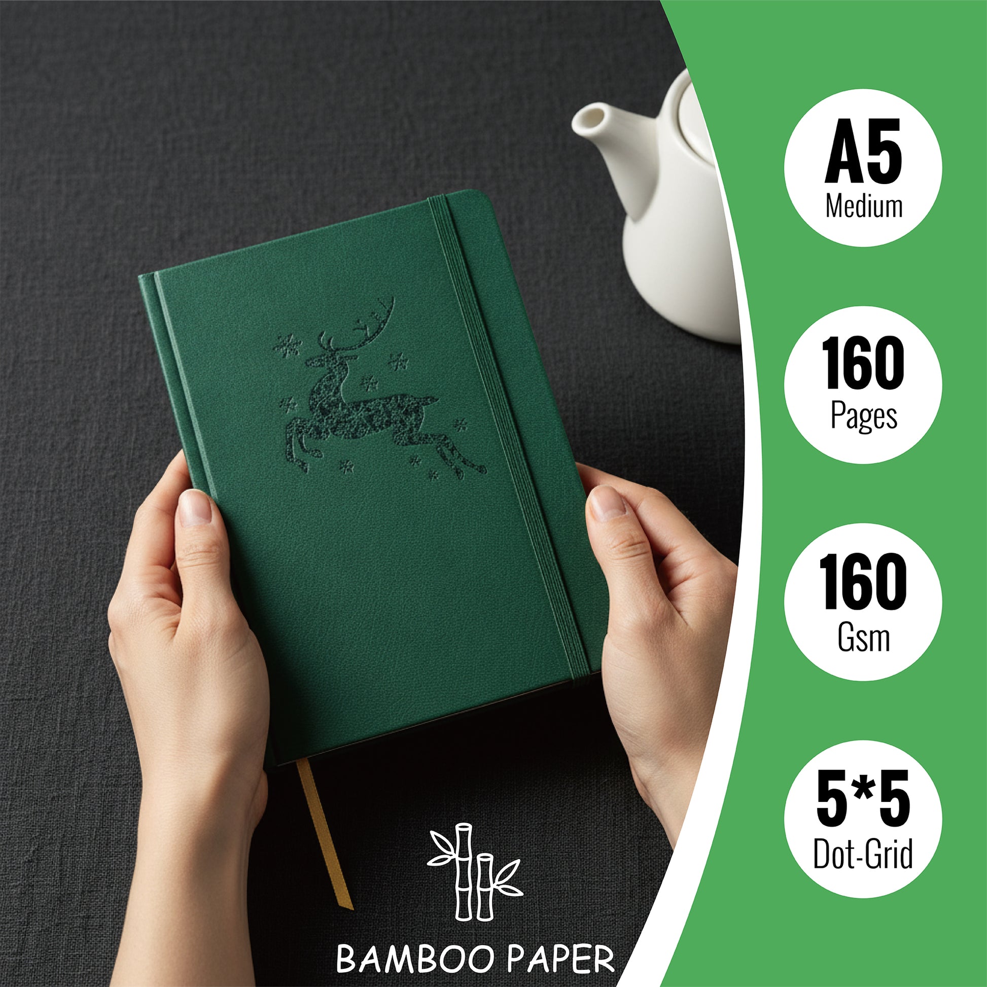 A5 Dot Grid Notebook Teal Green PU Journal with Embossed Reindeer Cover-13