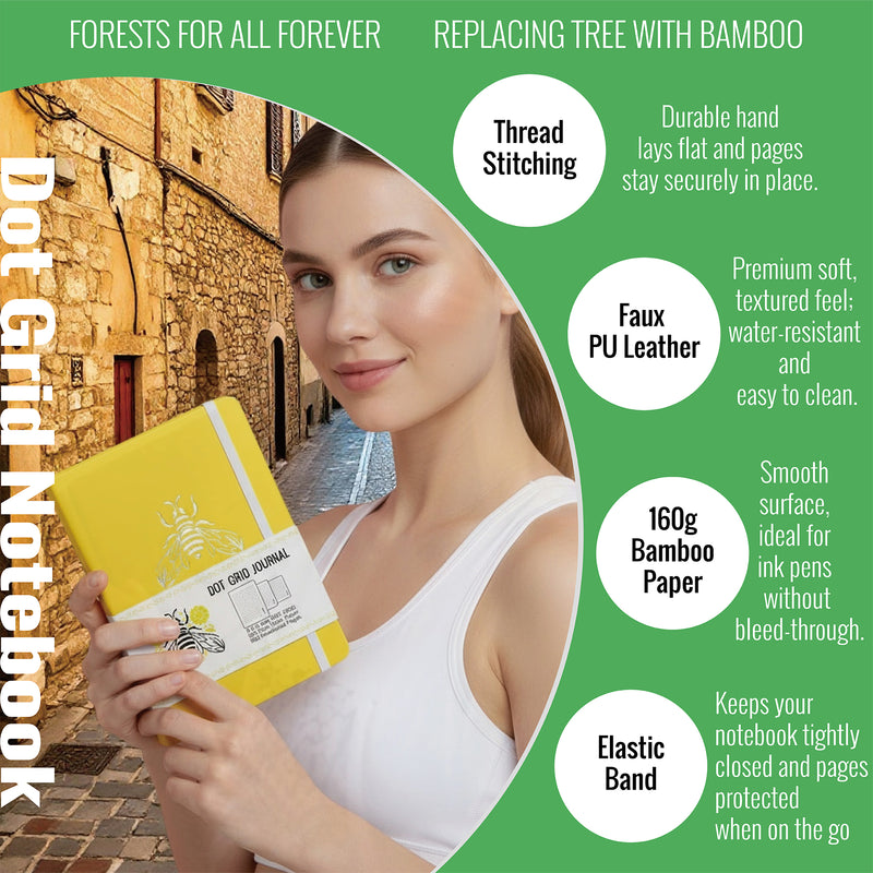 A5 Punktraster-Notizbuch, gelbes PU-Tagebuch mit Bienen-Einband-zoom-