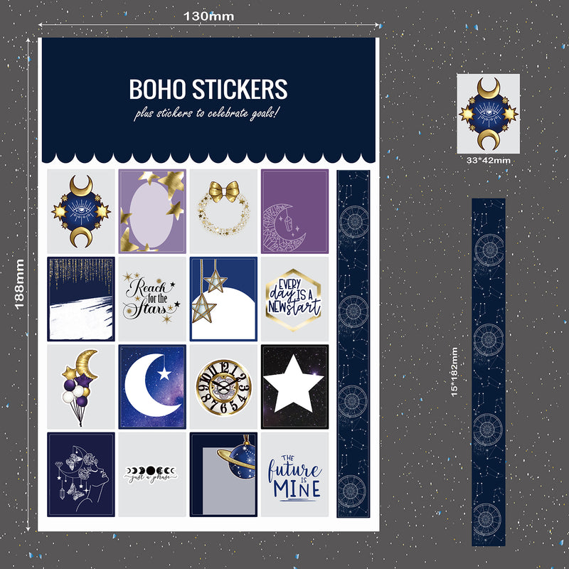 9 Bögen BOHO Sticker Mystery-Serie für Bullet Journals, Planer und Notizbücher. Plus roségoldener Sticker zum Feiern von Zielen-zoom-