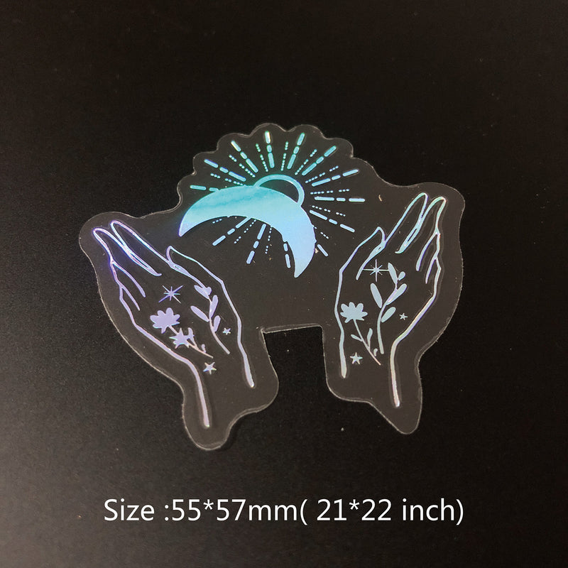 100 pcs Laser Silver Stickers Waterproof Transparent PET Adhesive Sticker Label, The Bohemian Style: Moon, SUN, Diamond, Feather-zoom-