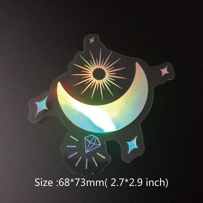 100 pcs Laser Silver Stickers Waterproof Transparent PET Adhesive Sticker Label, The Bohemian Style: Moon, SUN, Diamond, Feather-zoom-