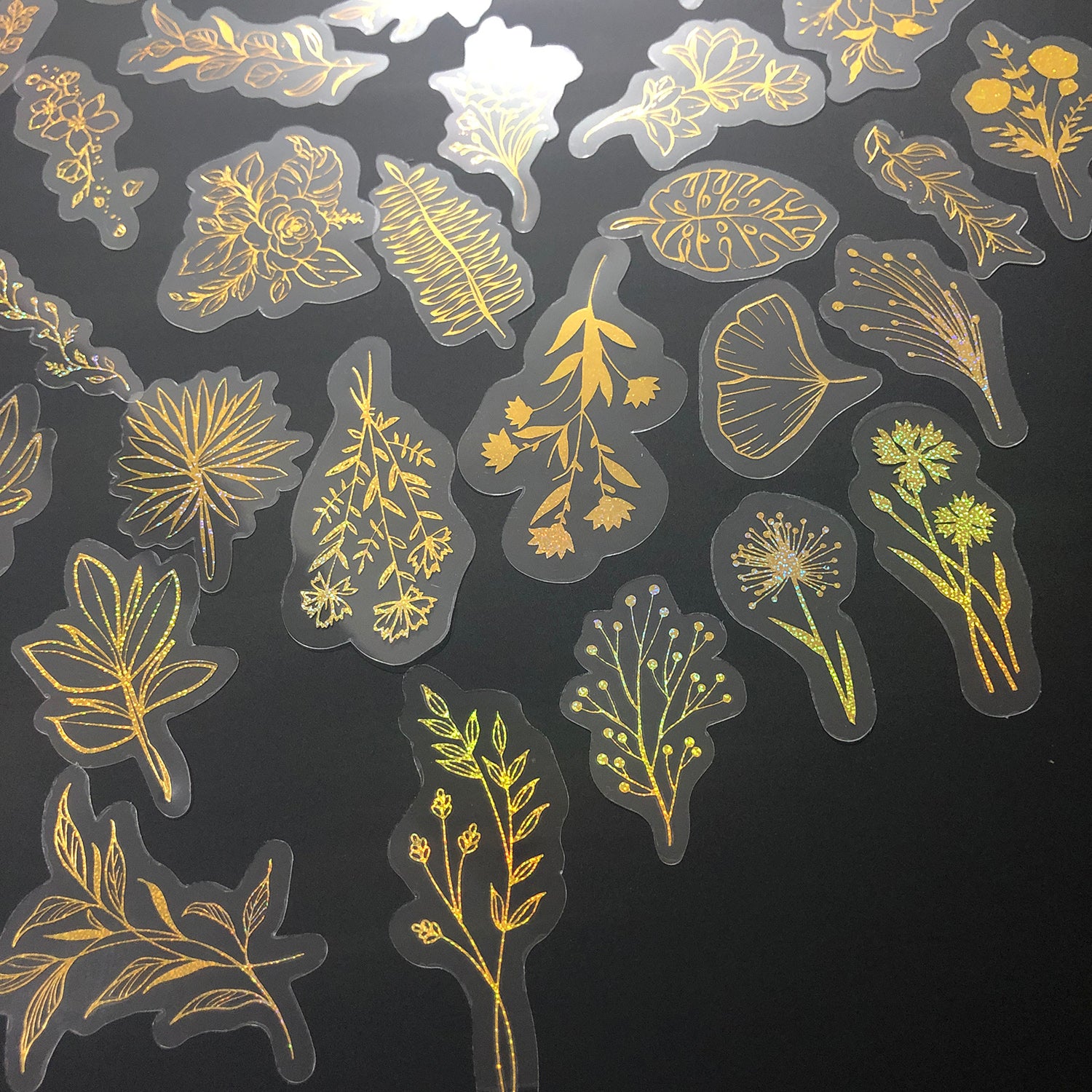 80 Pcs Glitter Gold Stickers Plant Flower,Waterproof Transparent Decorative Decals, PET Adhesive Sticker Label-zoom-12