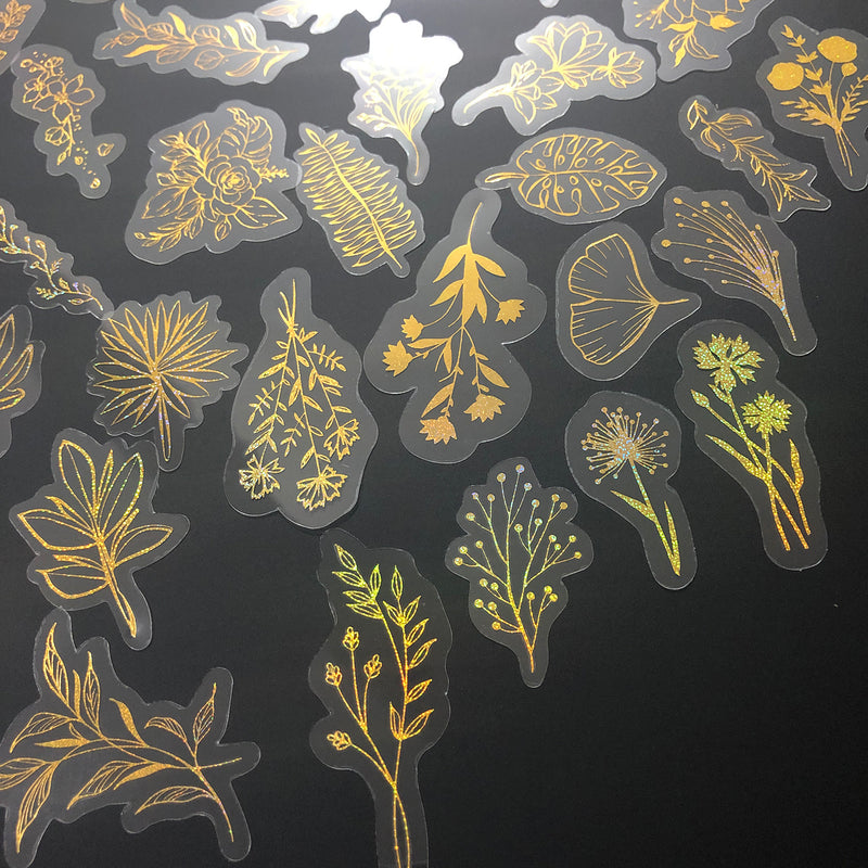 80 Pcs Glitter Gold Stickers Plant Flower,Waterproof Transparent Decorative Decals, PET Adhesive Sticker Label-zoom-