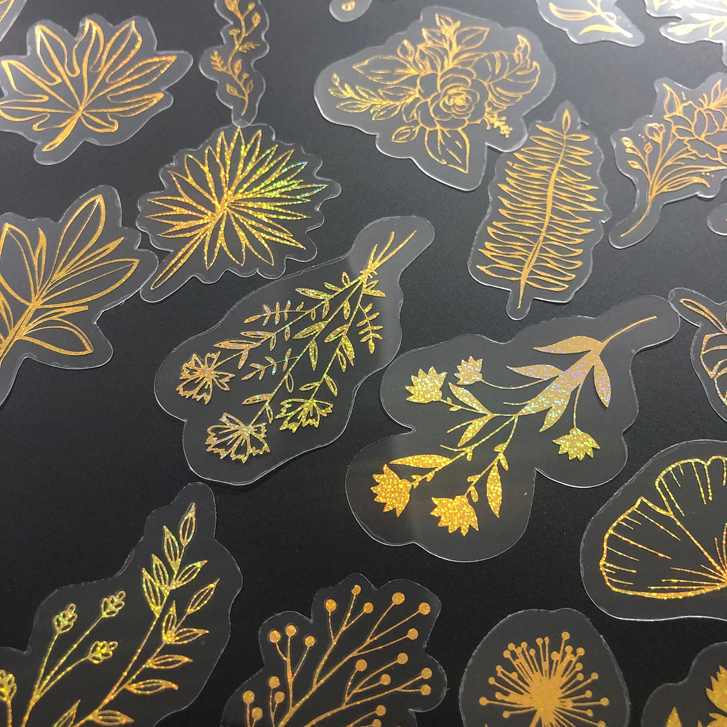 80 Pcs Glitter Gold Stickers Plant Flower,Waterproof Transparent Decorative Decals, PET Adhesive Sticker Label-14