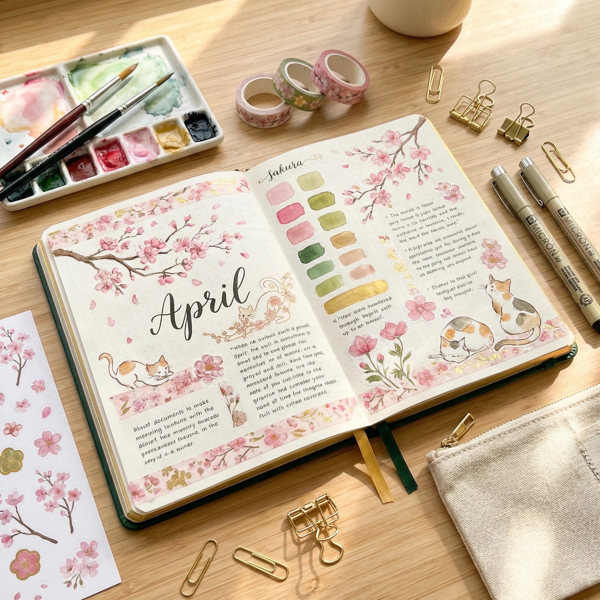 A5 Cat & Cherry Blossom Dot Grid Journal with Gold Gilded Edges, 160gsm Paper-zoom-11