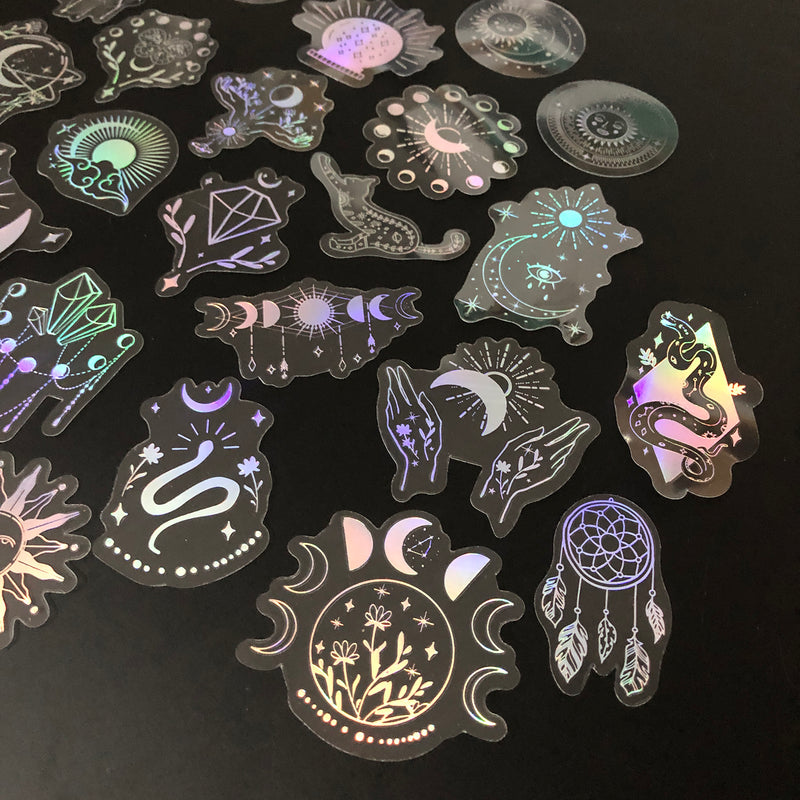 100 pcs Laser Silver Stickers Waterproof Transparent PET Adhesive Sticker Label, The Bohemian Style: Moon, SUN, Diamond, Feather-zoom-
