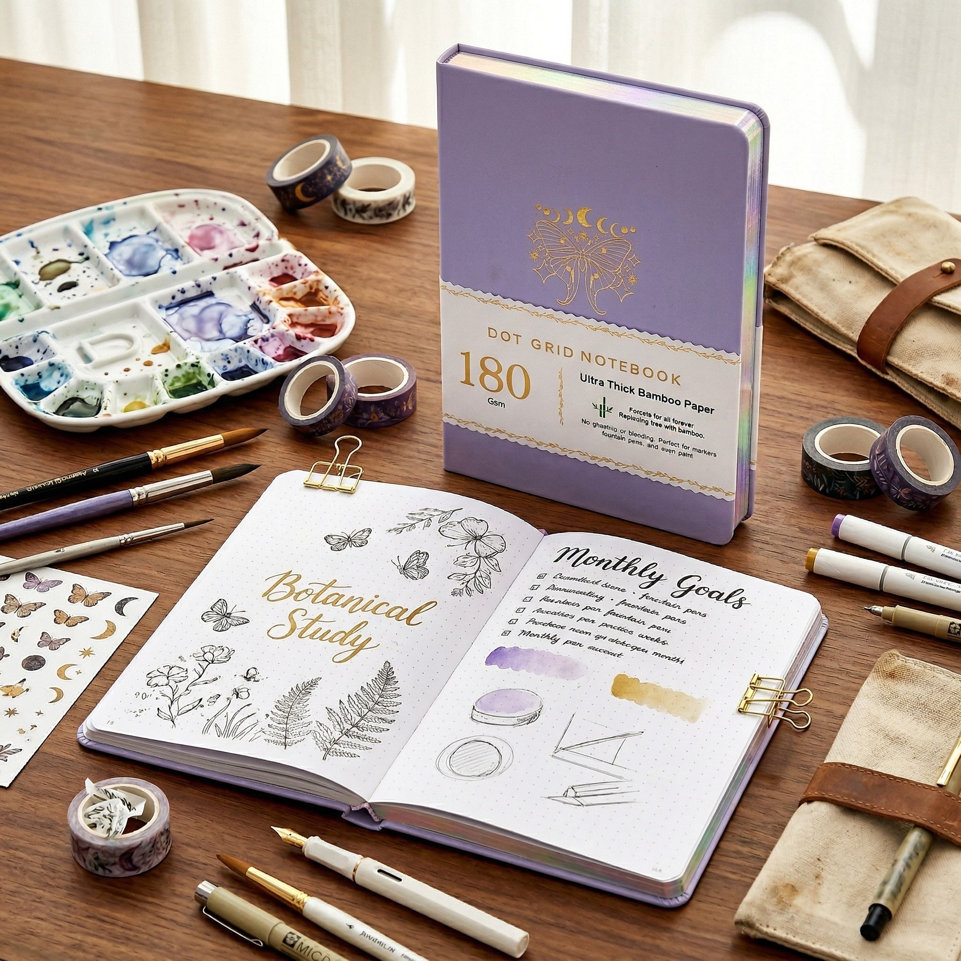 Giftable lavender dot grid notebook with silver edge and celestial theme