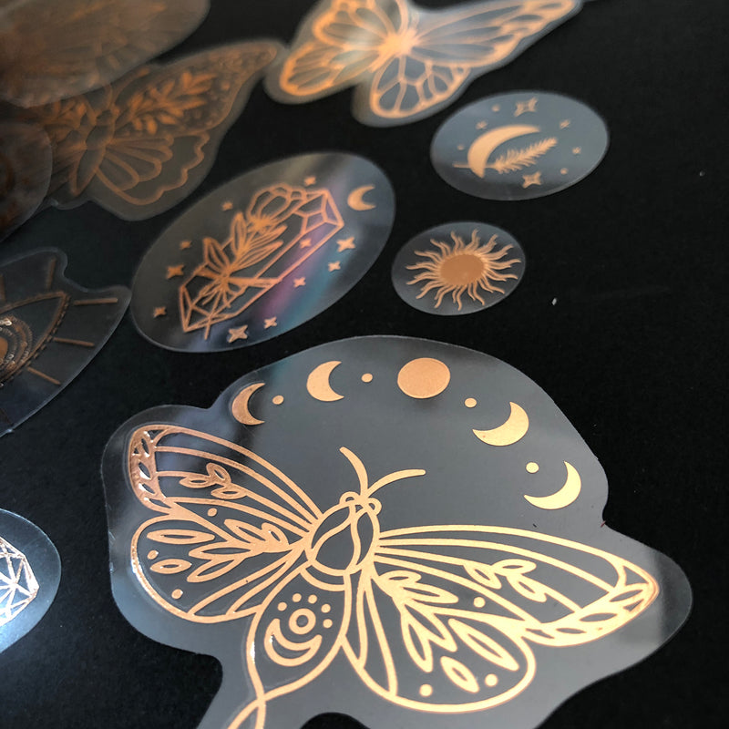 40pcs Rose Gold Stickers Transparent PET Mysterious Butterfly; Moon; Mushroom; Diamond; Sun; Magic Wand DIY Decoration Series-zoom-