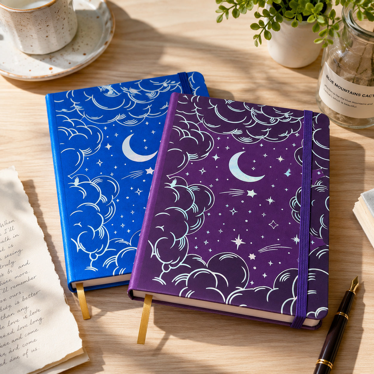 BUKE Midnight Purple/Blue Moon & Stars A5 Dot Grid Notebook Faux PU Leather Cover