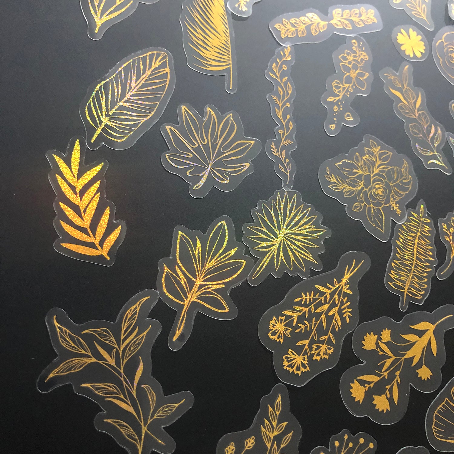 80 Pcs Glitter Gold Stickers Plant Flower,Waterproof Transparent Decorative Decals, PET Adhesive Sticker Label
