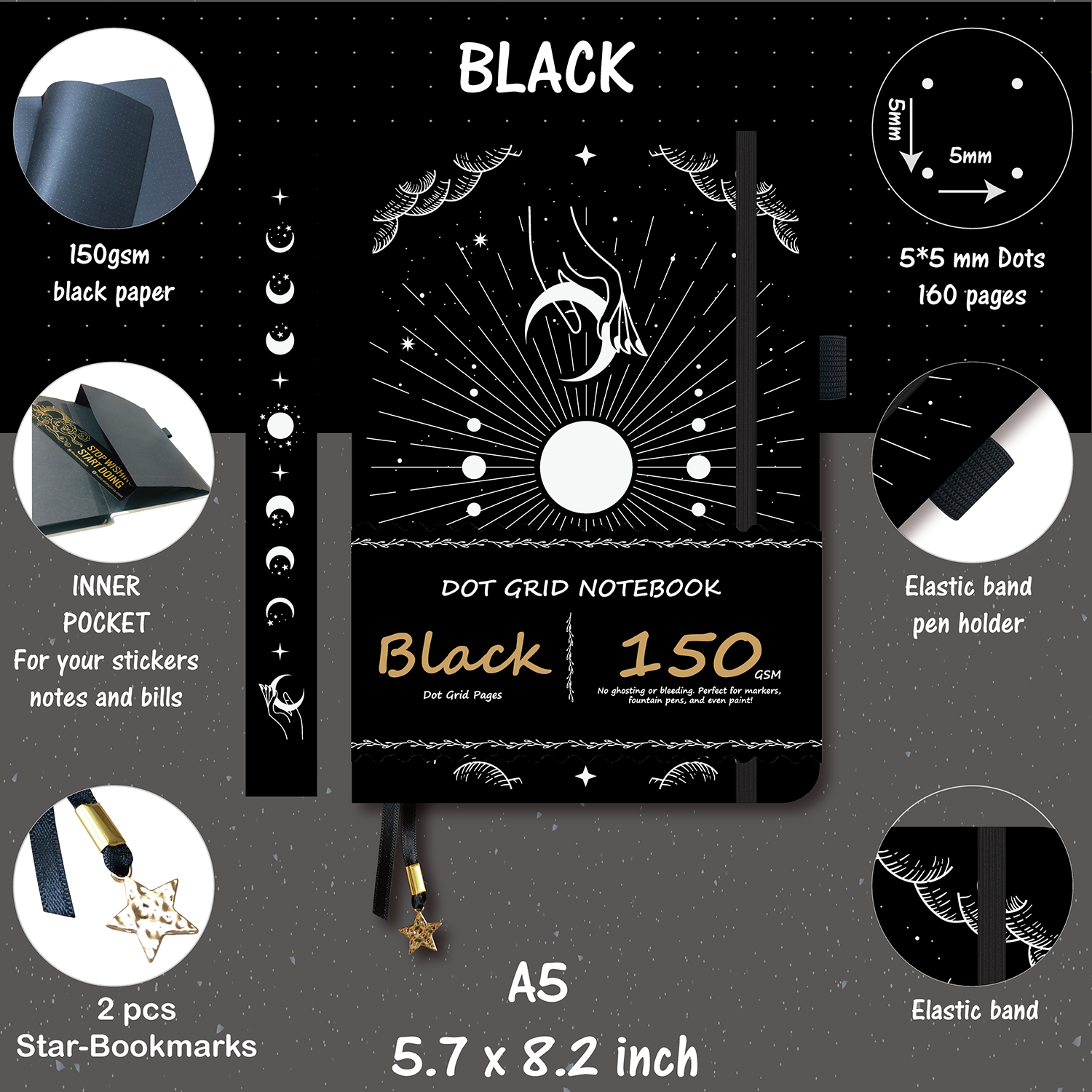 150g Black Paper Bullet Dotted Journal-Moons-Black Color PU Leather A5 Size Hardcover-11