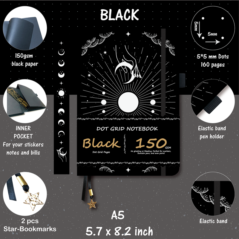 150g Black Paper Bullet Dotted Journal-Moons-Black Color PU Leather A5 Size Hardcover-zoom-