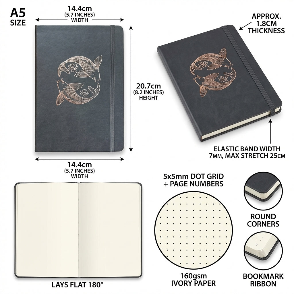 A5 Koi Fish Dot Grid Notebook Journal, 160gsm Ivory Paper, Numbered Pages, Hardcover with Gold Foil Cover-zoom-3