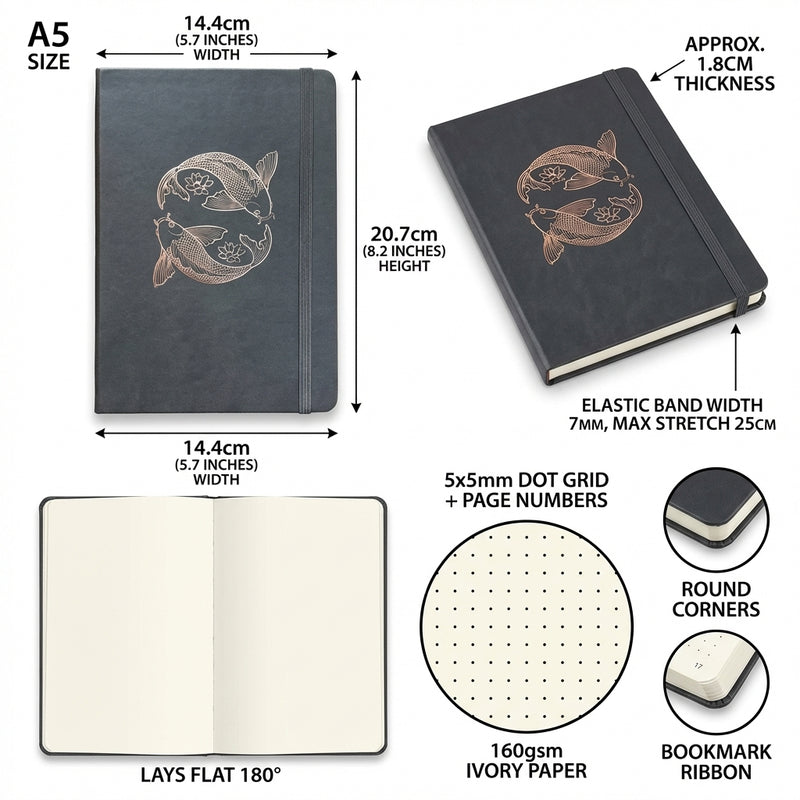 A5 Koi Fish Dot Grid Notebook Journal, 160gsm Ivory Paper, Numbered Pages, Hardcover with Gold Foil Cover-zoom-