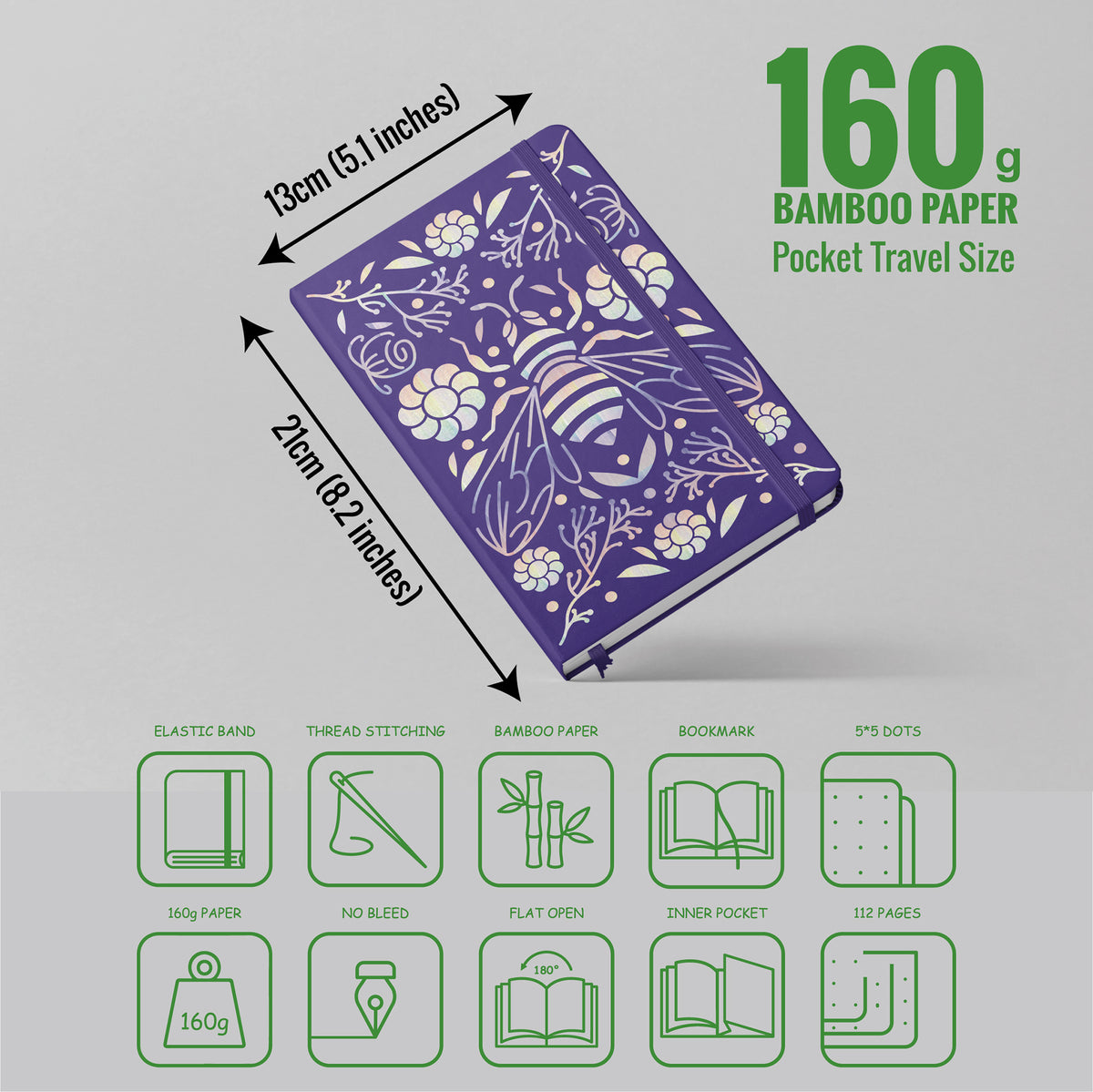 Journal à pois en papier de bambou 160 g/m², taille MOLESKINE de voyage
