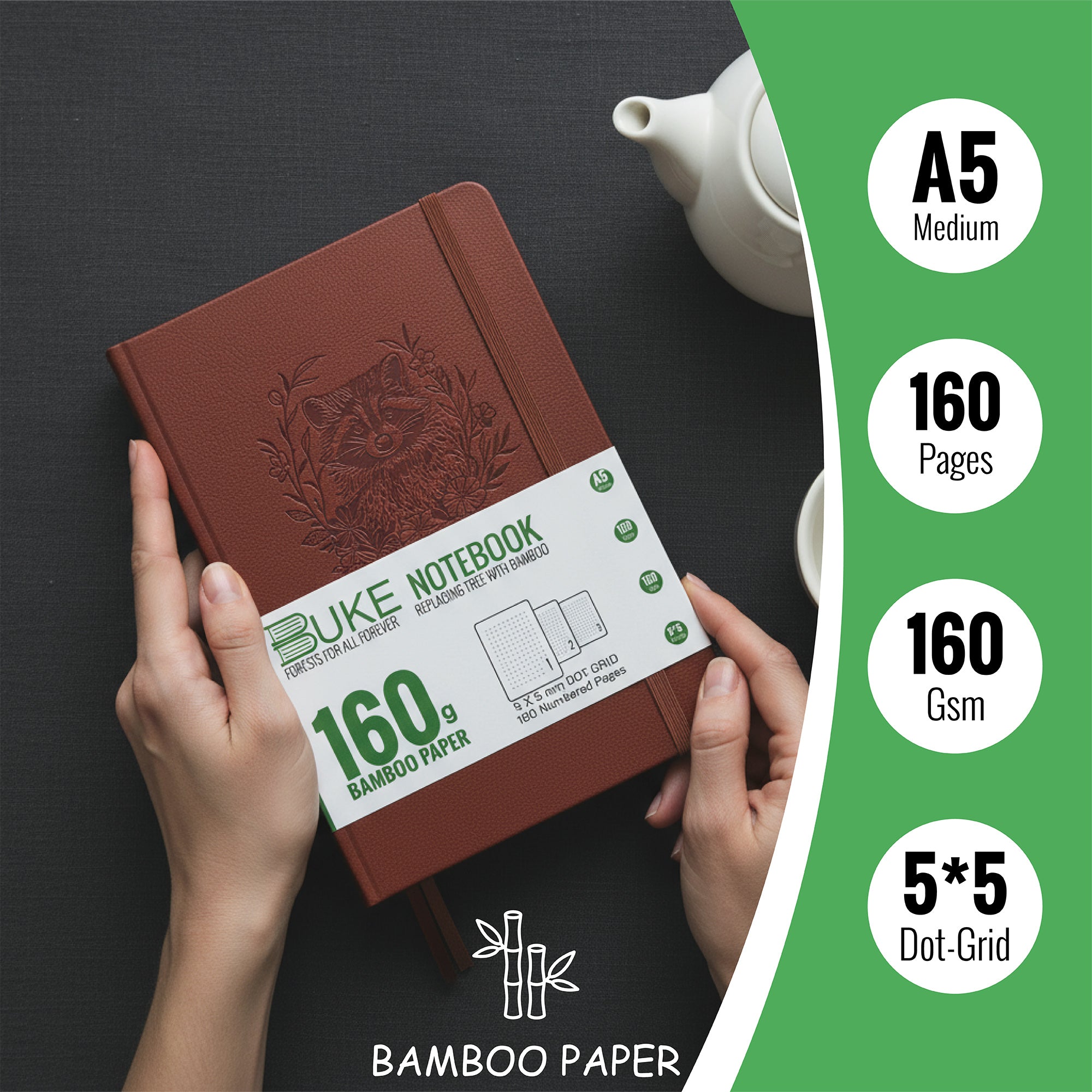 Embossed Raccoon Floral A5 Dot Grid Notebook 160gsm Hardcover Journal Gift-zoom-4