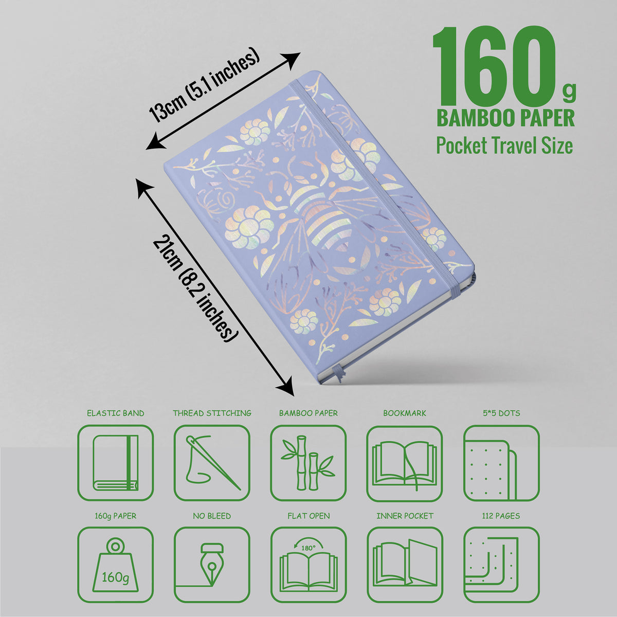 Journal à pois en papier de bambou 160 g/m², taille MOLESKINE de voyage