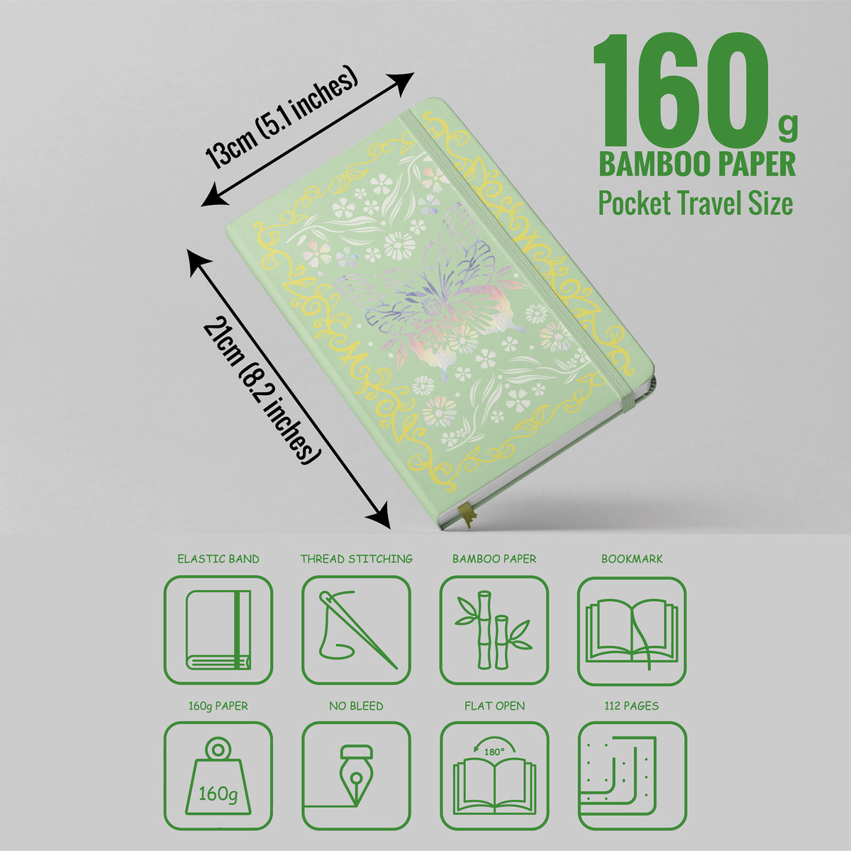 160GSM Bamboo Paper Bullet Dotted Journal- Butterfly And Frame-Green