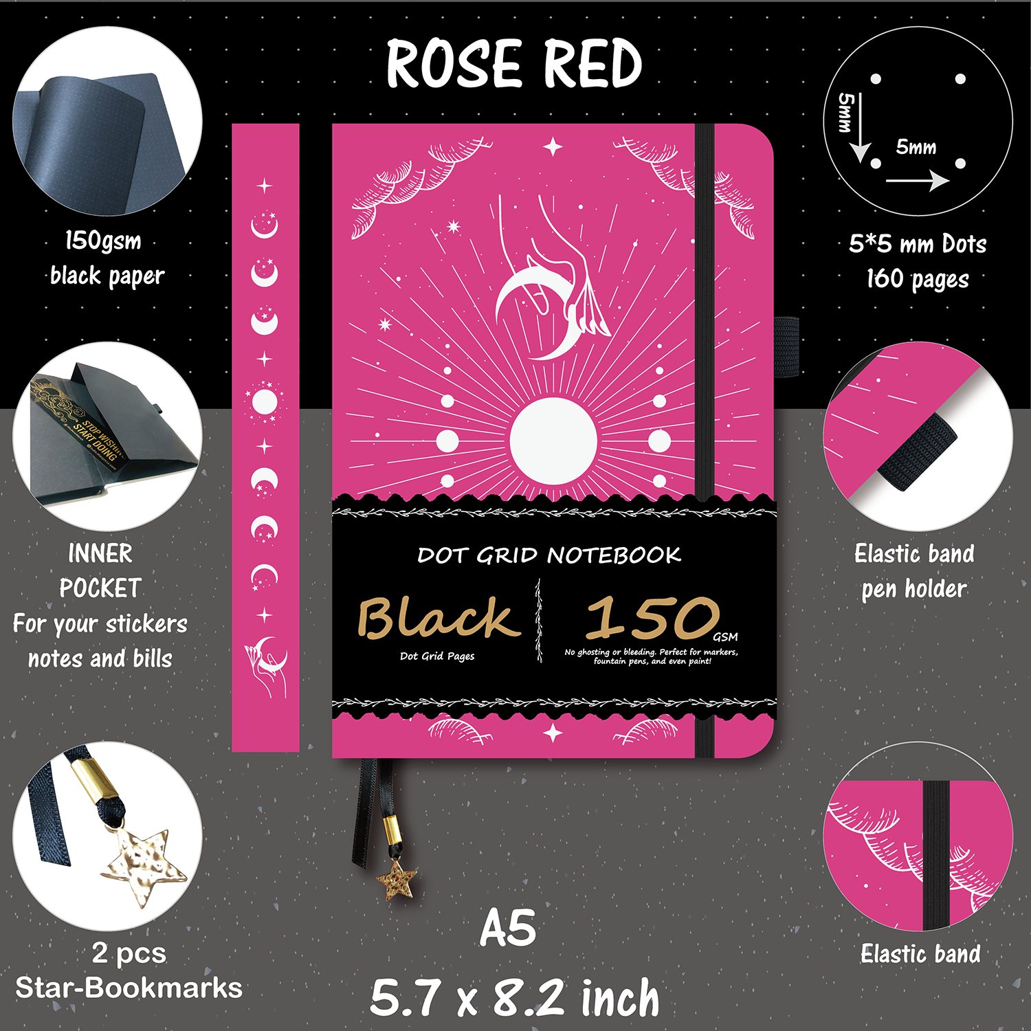 150g Black Paper Bullet Dotted Journal-Moons-Rose Red Color PU Leather A5 Size Hardcover-3
