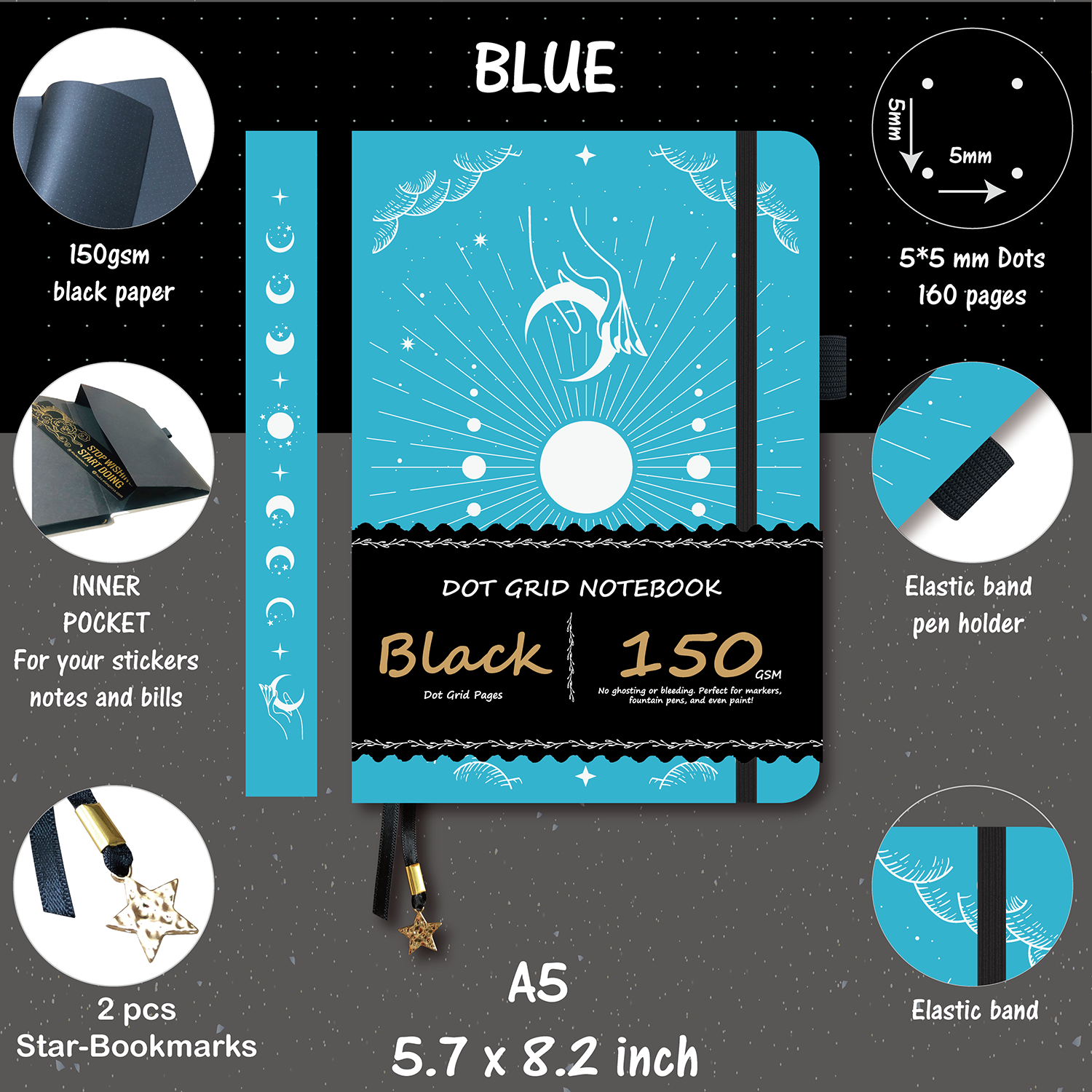 150g Black Paper Bullet Dotted Journal-Moons-Blue Color PU Leather A5 Size Hardcover-3