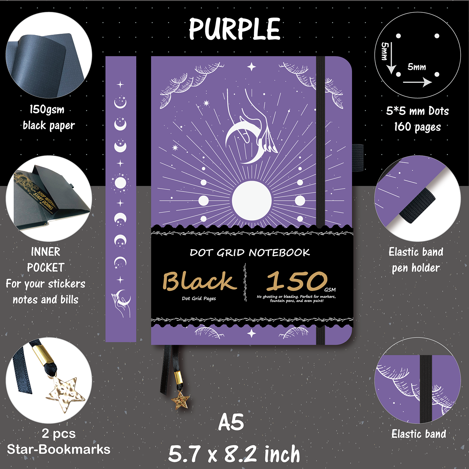 150g Black Paper Bullet Dotted Journal-Moons-Purple Color PU Leather A5 Size Hardcover-3