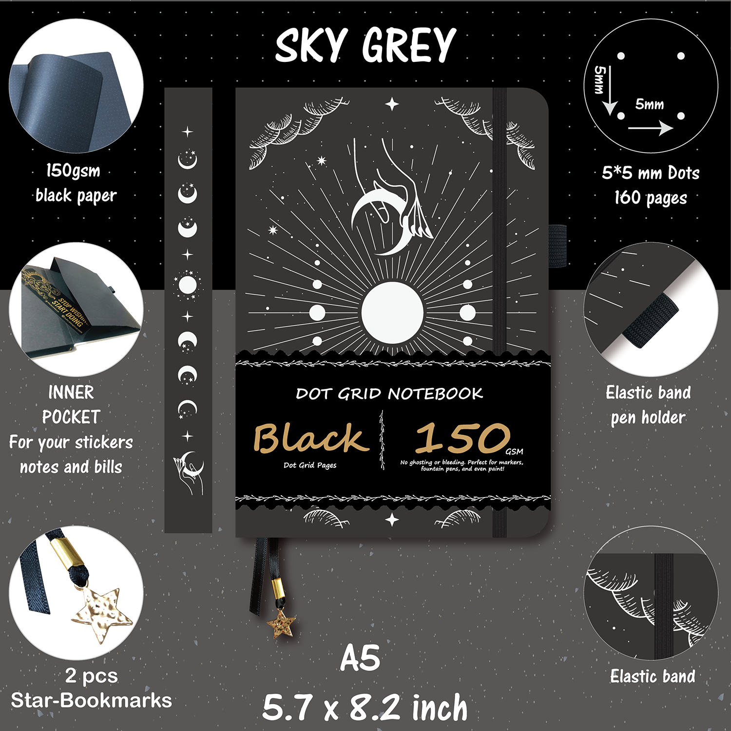 150g Black Paper Bullet Dotted Journal-Moons-Sky Grey Color PU Leather A5 Size Hardcover-zoom-3