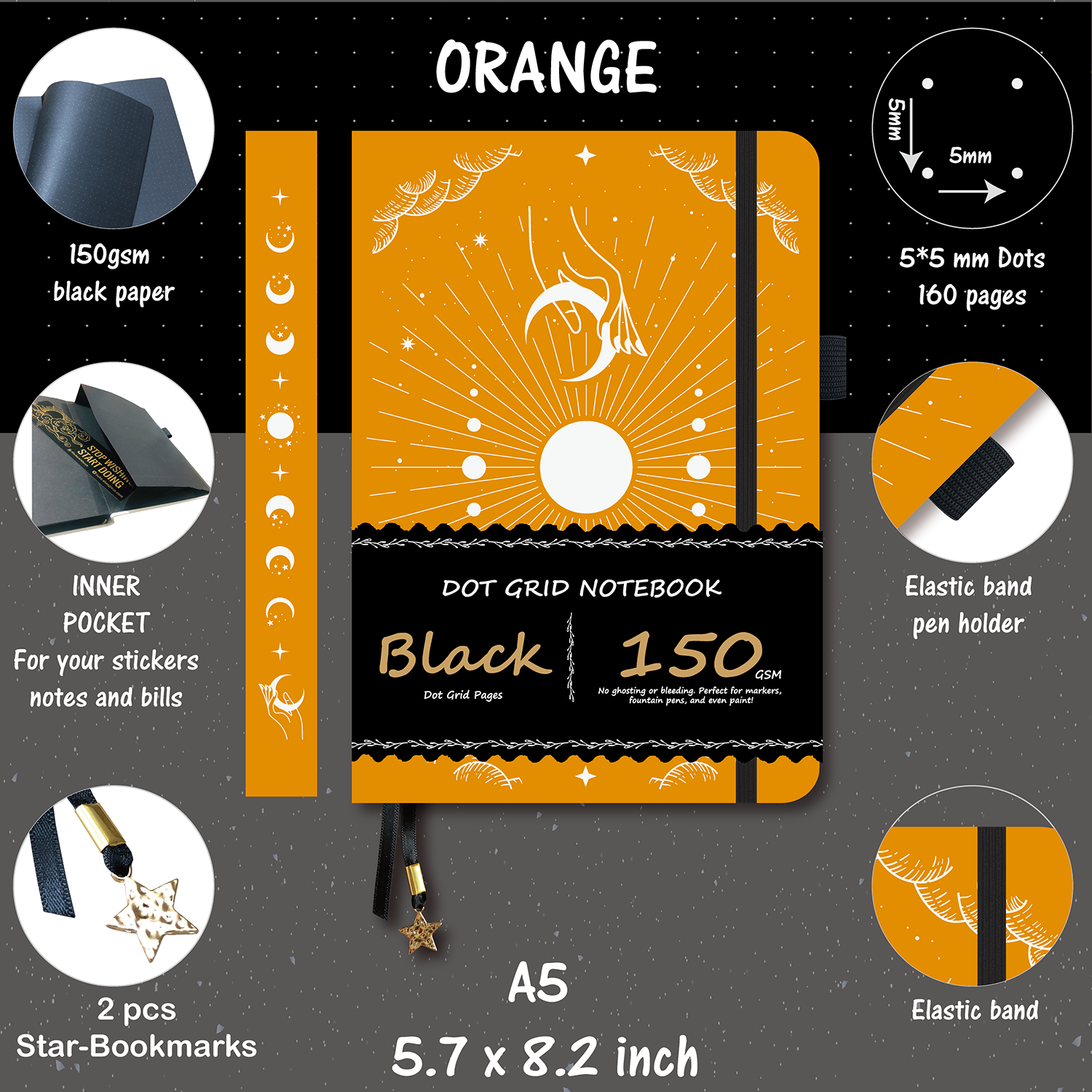 150g Black Paper Bullet Dotted Journal-Moons-Orange Color PU Leather A5 Size Hardcover-zoom-3
