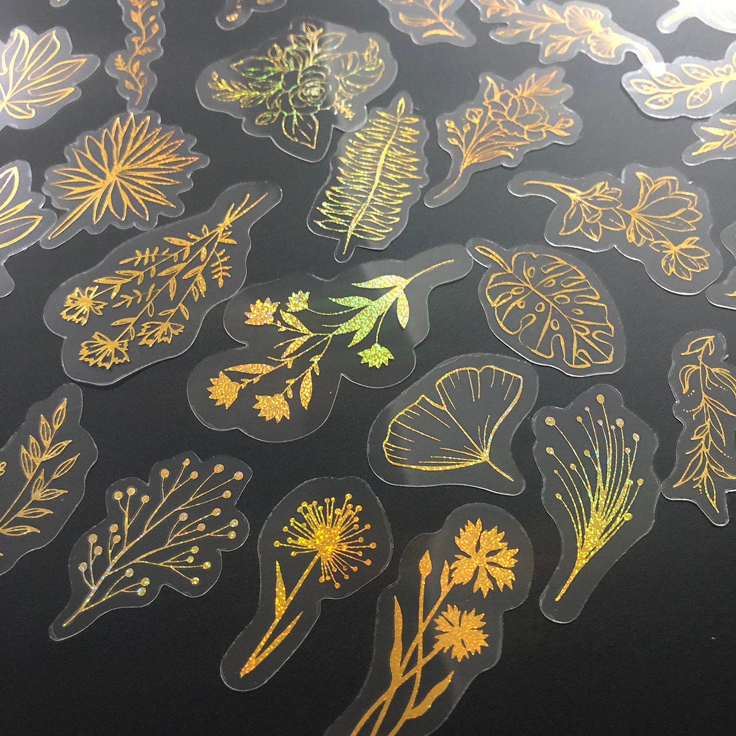 80 Pcs Glitter Gold Stickers Plant Flower,Waterproof Transparent Decorative Decals, PET Adhesive Sticker Label-zoom-4
