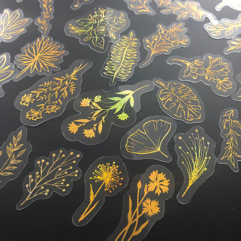 80 Pcs Glitter Gold Stickers Plant Flower,Waterproof Transparent Decorative Decals, PET Adhesive Sticker Label-zoom-