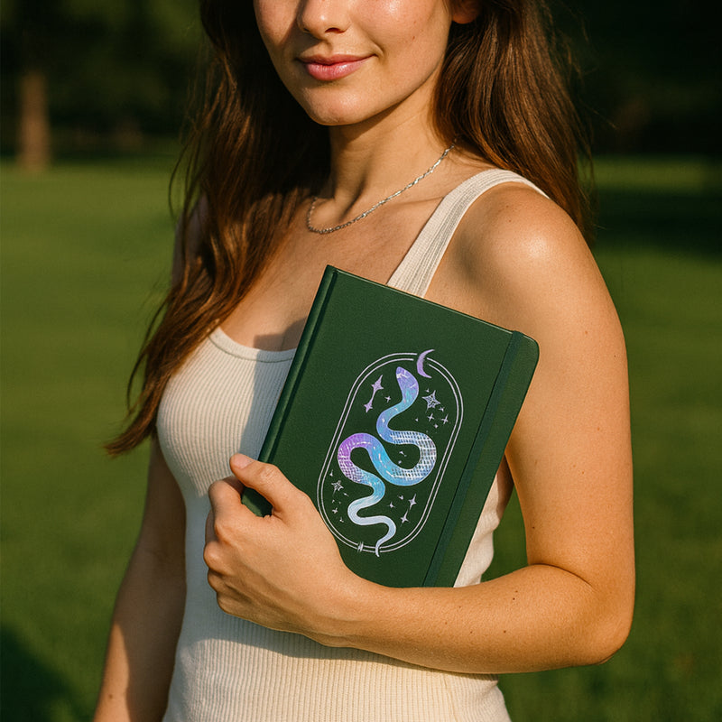 A5 Dot Grid Notebook Dark Green PU Journal with Iridescent Snake Cover-zoom-