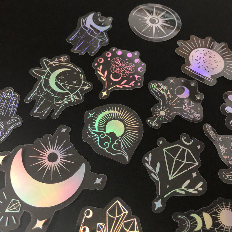 100 pcs Laser Silver Stickers Waterproof Transparent PET Adhesive Sticker Label, The Bohemian Style: Moon, SUN, Diamond, Feather-zoom-