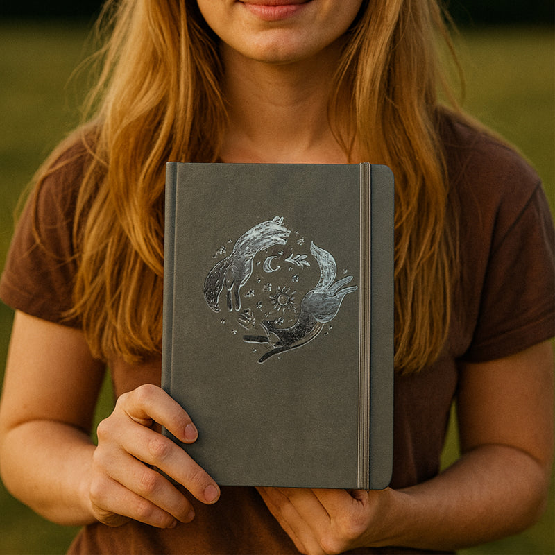 Gift-Ready A5 Dot Grid Journal in Dark Grey with Embossed Fox Moon Cover-zoom-
