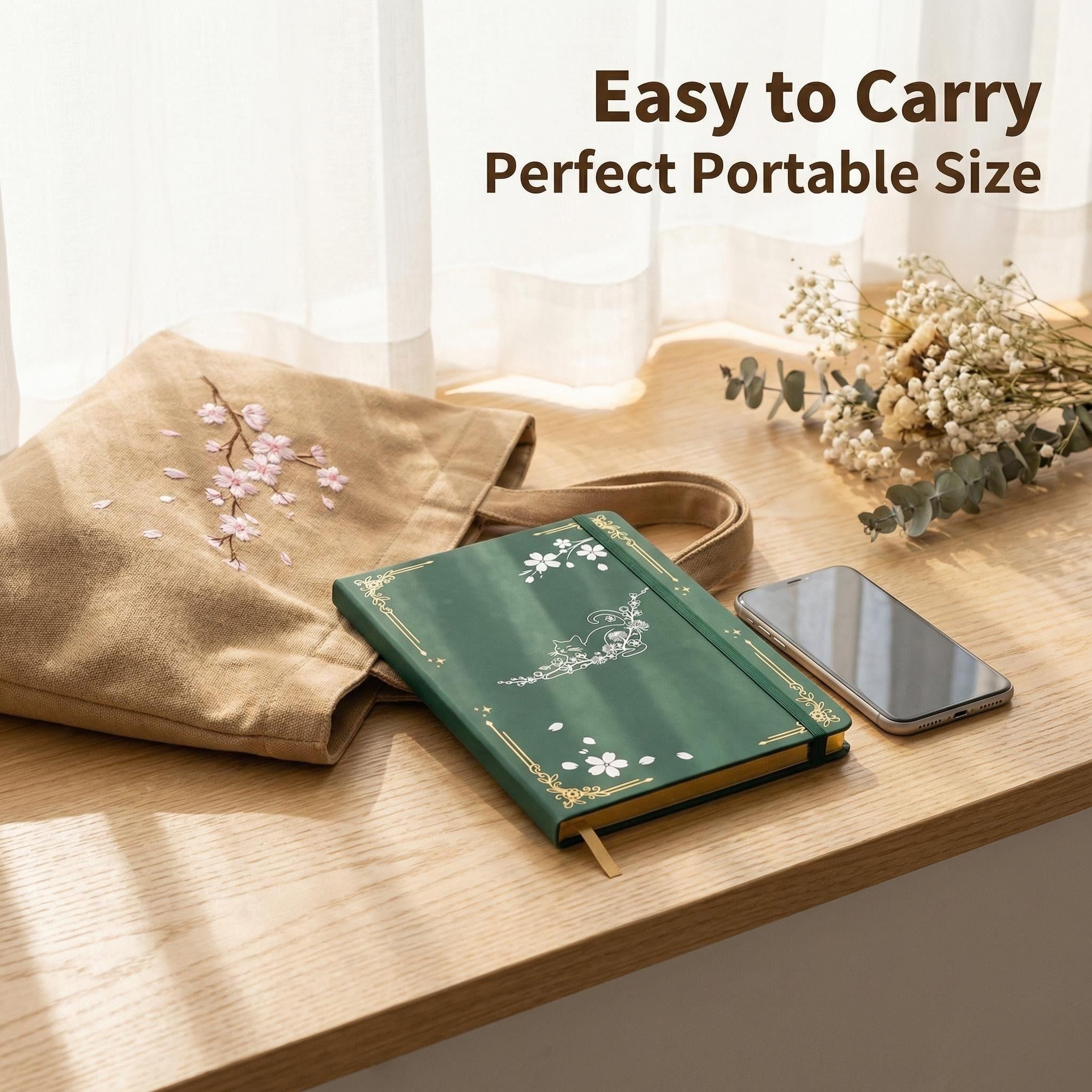 A5 Cat & Cherry Blossom Dot Grid Journal with Gold Gilded Edges, 160gsm Paper-zoom-12