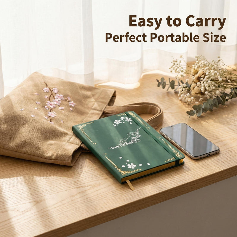 A5 Cat & Cherry Blossom Dot Grid Journal with Gold Gilded Edges, 160gsm Paper-zoom-