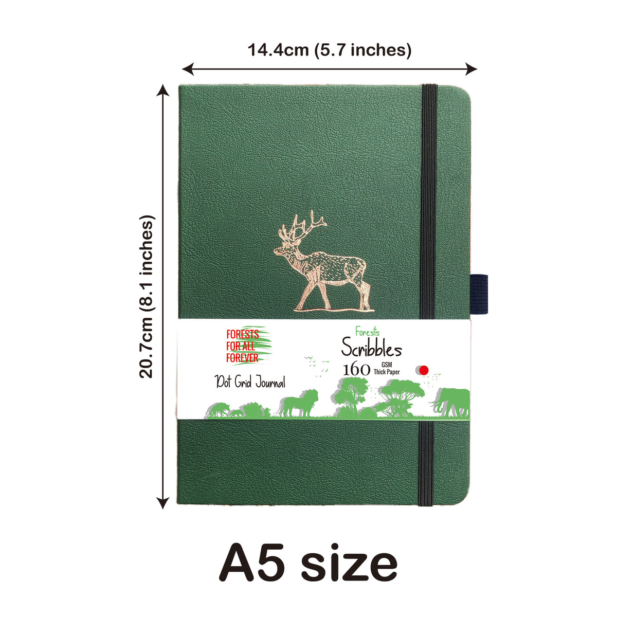 Deer Forest Green- Numbered 160 Pages, 5x5mm DOT GRID Dotted Journal Notebook