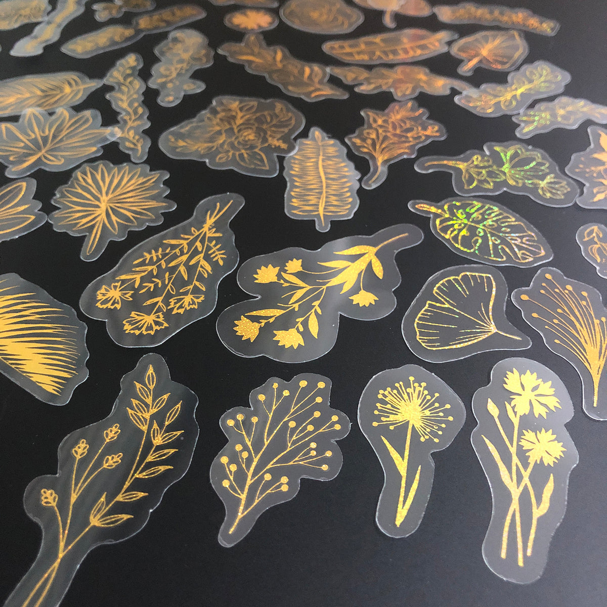 80 Pcs Glitter Gold Stickers Plant Flower,Waterproof Transparent Decorative Decals, PET Adhesive Sticker Label