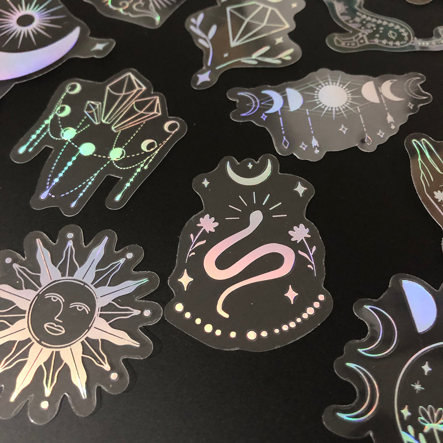 100 pcs Laser Silver Stickers Waterproof Transparent PET Adhesive Sticker Label, The Bohemian Style: Moon, SUN, Diamond, Feather-zoom-10