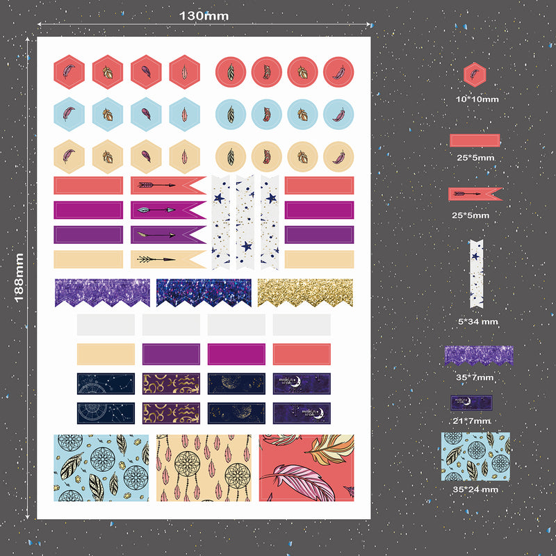 9 Bögen BOHO Sticker Mystery-Serie für Bullet Journals, Planer und Notizbücher. Plus roségoldener Sticker zum Feiern von Zielen-zoom-