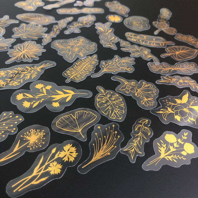 80 Pcs Glitter Gold Stickers Plant Flower,Waterproof Transparent Decorative Decals, PET Adhesive Sticker Label-zoom-