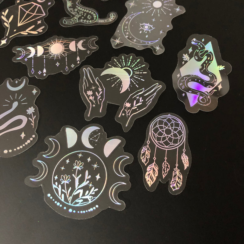 100 pcs Laser Silver Stickers Waterproof Transparent PET Adhesive Sticker Label, The Bohemian Style: Moon, SUN, Diamond, Feather-zoom-