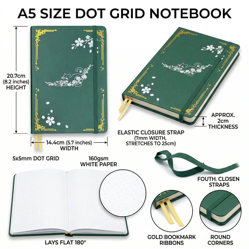 A5 Cat & Cherry Blossom Dot Grid Journal with Gold Gilded Edges, 160gsm Paper-zoom-