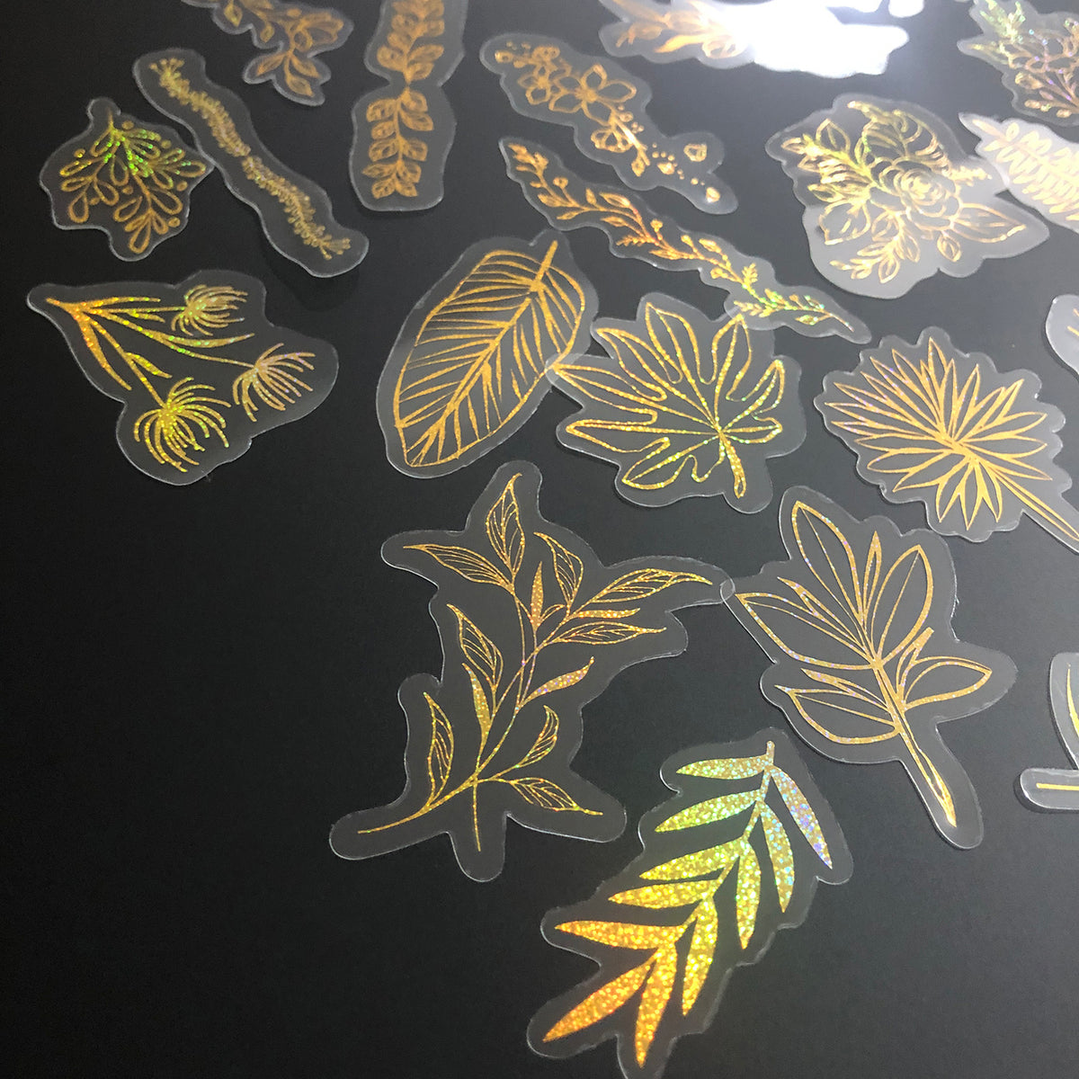 80 Pcs Glitter Gold Stickers Plant Flower,Waterproof Transparent Decorative Decals, PET Adhesive Sticker Label