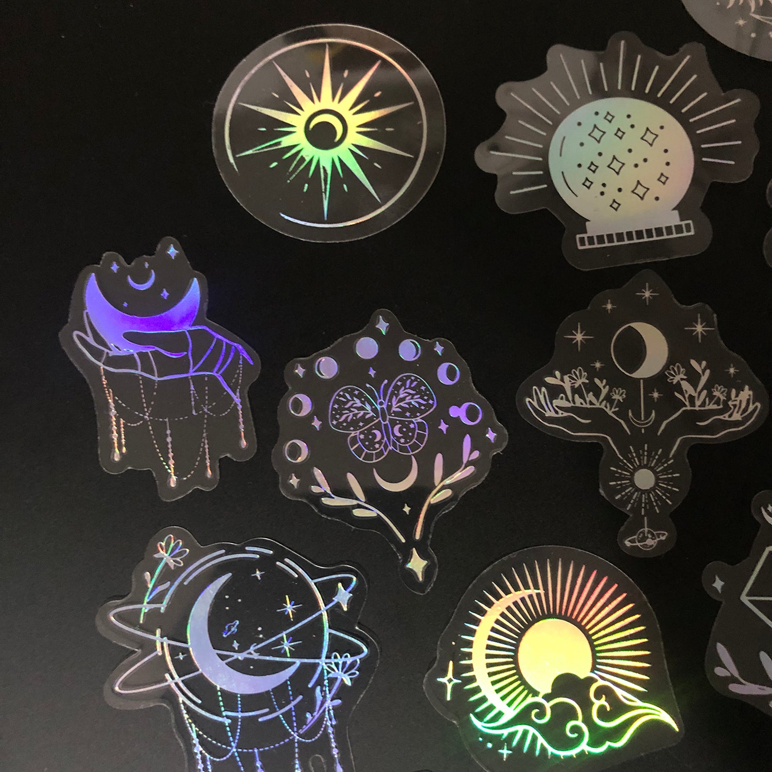 100 pcs Laser Silver Stickers Waterproof Transparent PET Adhesive Sticker Label, The Bohemian Style: Moon, SUN, Diamond, Feather-12